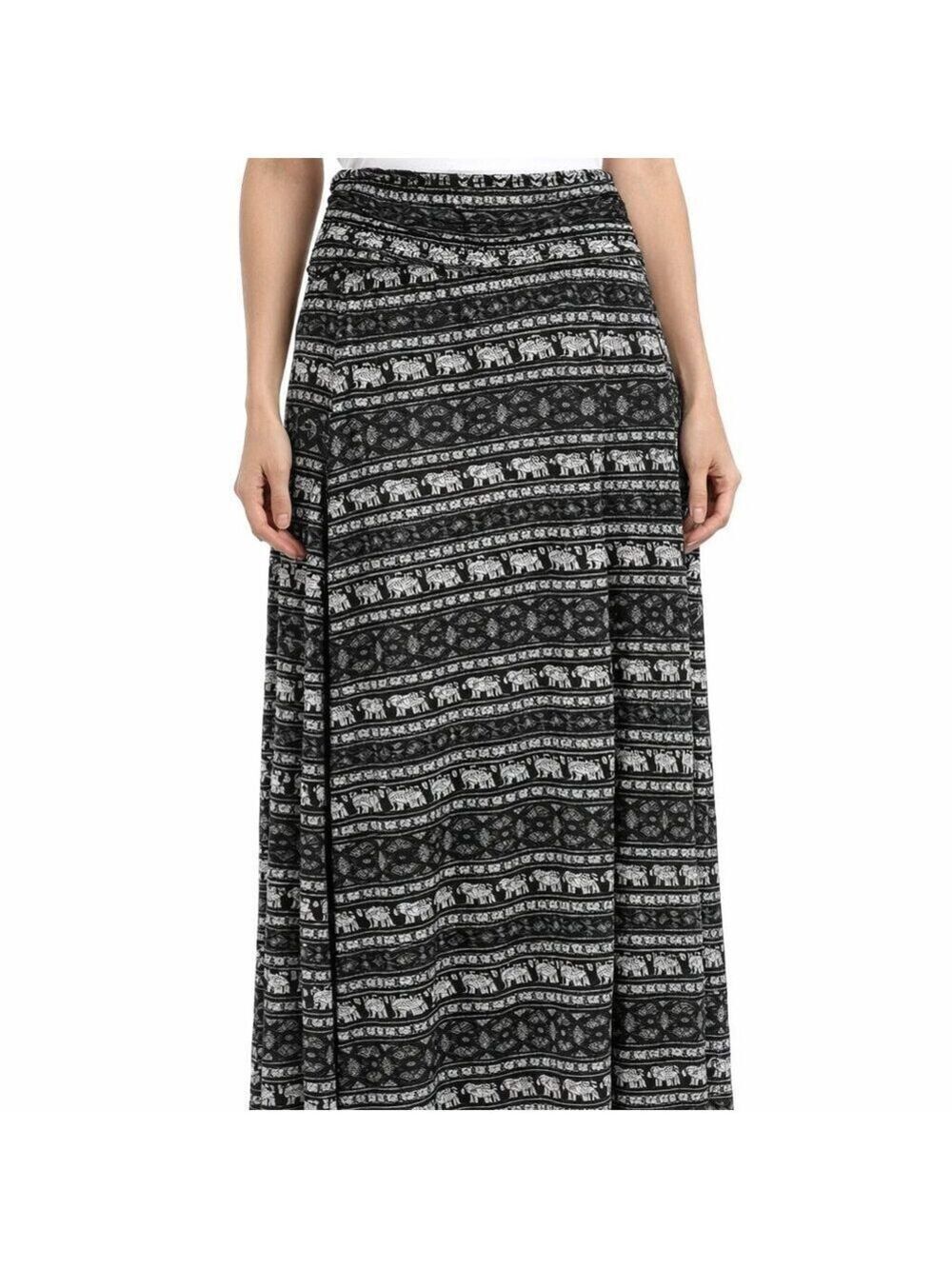 Boho Elephant Print Maxi Skirt XL – Black White Foldover Waist Festival Style XL